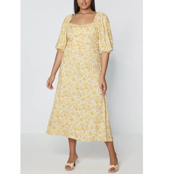 Faithfull The Brand Dress 10 Yellow Floral Puff Short Sleeve A-Line Midi Bronte - Picture 6 of 7